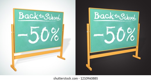Back to school discount -50% written on the realistic wooden green blackboard. Turned chalkboard for your web design. Vector illustration