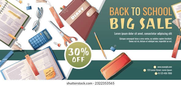 Back to school discount banner template. Learning, knowledge, education. Flyer, poster with textbooks, books, backpack, stationery.