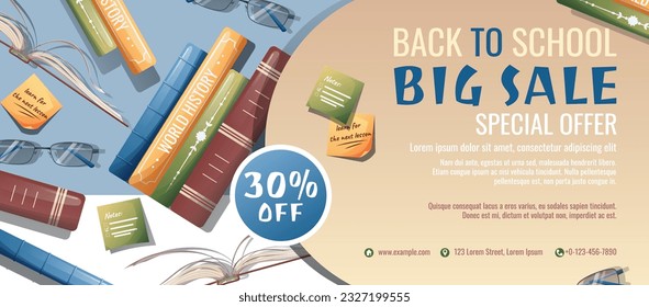 Back to school discount banner template. Learning, knowledge, education. Flyer, poster with textbooks, books, stationery.