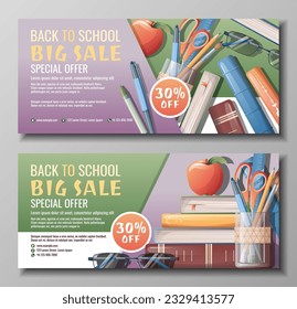 Back to school discount banner template. Learning, knowledge, education. Flyer, poster with textbooks, books, stationery.