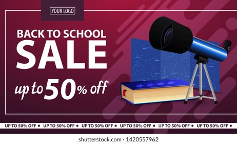 Back to school, discount horizontal web banner for online store with telescope, a map of the constellations and the encyclopedia of astronomy