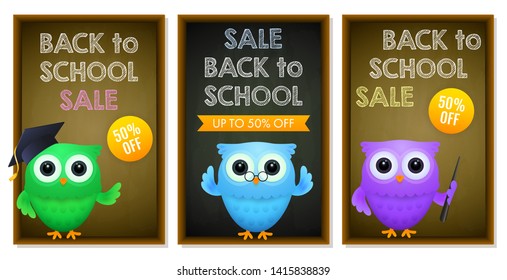 Back to school discount posters set. Sale flyers design with owl in graduation hat, chalkboard and 50% off stickers. Vector illustration can be used for banners, flyers, signs