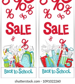 Back to school discount and sale. Vector illustration on white background. School and office supplies. Blank template for graphic design, web banners and printed materials