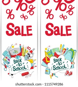Back to school discount and sale. Vector illustration on white background. School and office supplies. Blank template for graphic design, web banners and printed materials