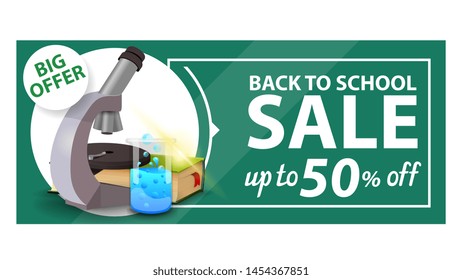 Back to school, discount web banner with microscope, books and chemical flask