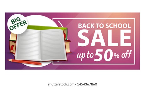 Back to school, discount web banner with school textbooks and notebook