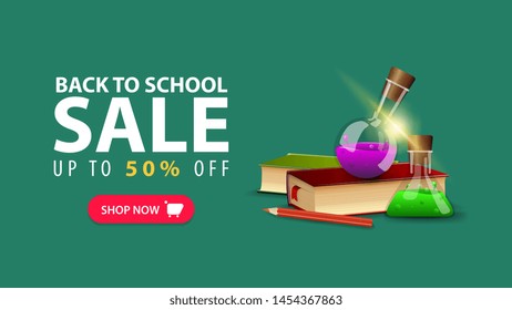 Back to school, discount web banner in minimalist style with books and chemical flasks