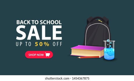 Back to school, discount web banner in minimalist style with school backpack, a book and a chemical flask