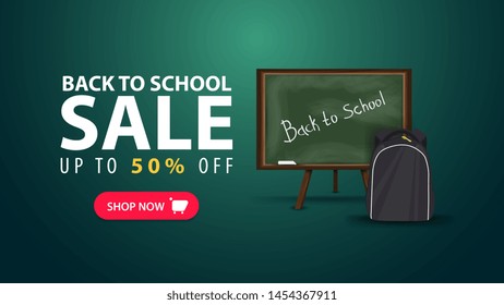 Back to school, discount web banner in minimalist style with school Board and school backpack