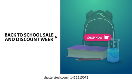 Back to school and discount week, blue horizontal discount web banner with school backpack, a book and a chemical flask