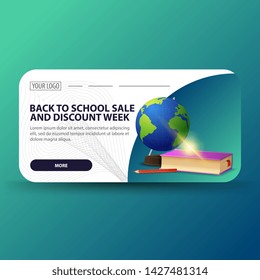 Back to school and discount week, horizontal banner with modern design, globe and school textbooks
