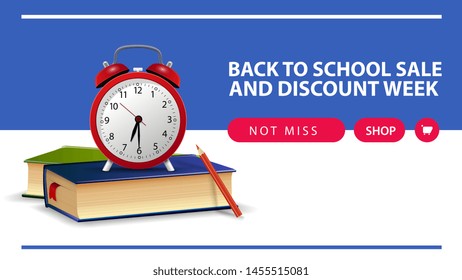 Back to school and discount week, horizontal discount web banner with school books and alarm clock