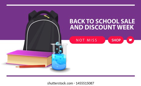 Back to school and discount week, horizontal discount web banner with school backpack, a book and a chemical flask