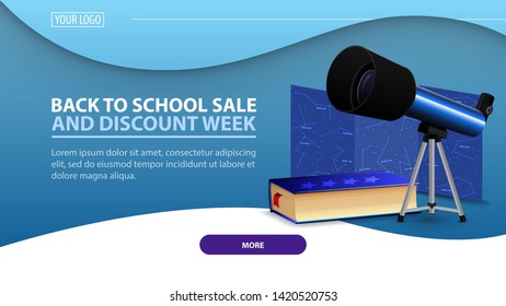 Back to school and discount week, modern discount web banner for the site with telescope, a map of the constellations and the encyclopedia of astronomy