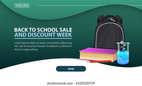 Back to school and discount week, modern discount web banner for the site with school backpack, a book and a chemical flask