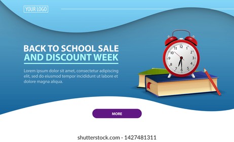 Back to school and discount week, modern discount web banner for the site with school books and alarm clock