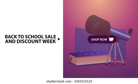 Back to school and discount week, pink horizontal discount web banner with telescope, map of the constellations and the encyclopedia of astronomy