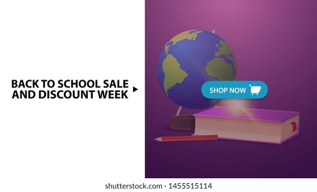 Back to school and discount week, purple horizontal discount web banner with globe and school textbooks