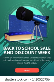 Back to school and discount week, vertical discount banner with modern design in dark shades for your website with telescope, a map of the constellations and the encyclopedia of astronomy