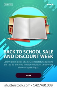Back to school and discount week, vertical discount banner with modern design in dark shades for your website with school textbooks and notebook