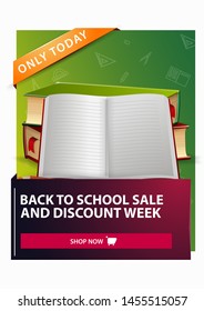 Back to school and discount week, discount vertical web banner with school textbooks and notebook