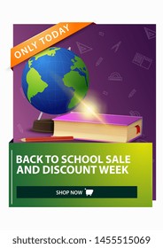 Back to school and discount week, discount vertical web banner with globe and school textbooks