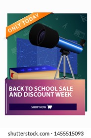 Back to school and discount week, discount vertical web banner with telescope, map of the constellations and the encyclopedia of astronomy