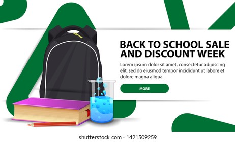Back to school and discounts week, modern discount banner with fashionable design for your website with school backpack, a book and a chemical flask