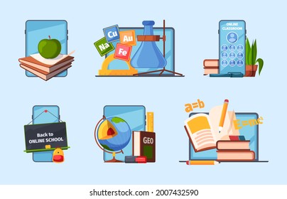 Back to school. Distance education tools computers digital books for lessons items for students pencils papers notebook learning supplies garish vector collection