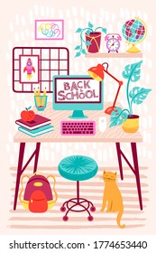 Back to school distance learning concept. Study at home with room interior, desk and computer. Childish print for cards, posters and banner. Vector Illustration