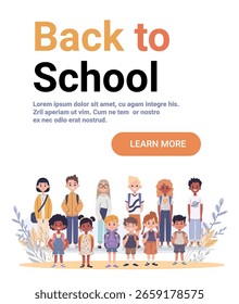 Regreso a la escuela diversos niños agrupan a los estudiantes de pie juntos mochilas de colores deja moderno Anuncio de Sitio web plano