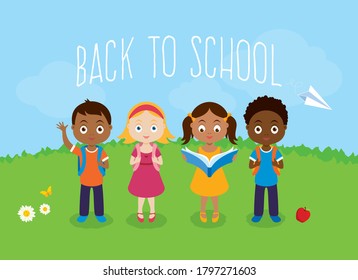 Back to school diverse children in the meadow vector. Happy kids of different races vector. Group of school children cartoon character. Cute multicultural kids playing in the meadow