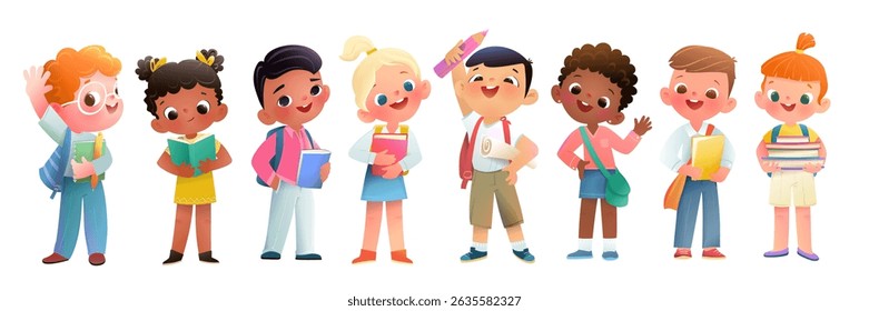 Back to school diverse multinational school children with backpacks pens and pencils. Happy kids go to school multiracial schoolchildren education collection. Vector characters clip art illustration