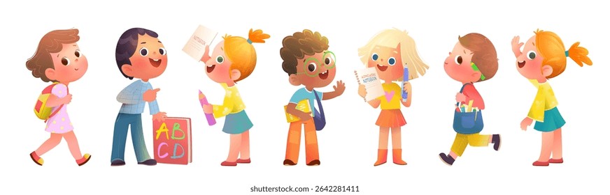 Back to school diverse multinational school children group holding notebooks pens and pencils. Kids characters collection for school writing and reading education. Vector children clipart illustration