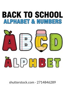 Zurück zur Schule Doodle Alphabet Graphic Design, Schullehrer Alphabet, Bleistift Papier Maßstab Apple Doodle Alphabet, 100 Tage Schule Alphabet.