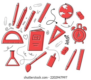 back to school doodle art outline flat red color style