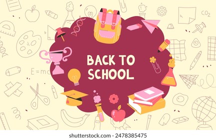 back to school doodle background. back to school banner. school supplies. templates for the beginning of the school year. Vector illustration