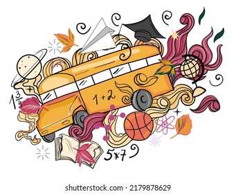 Back to school doodle background.  Hand drawn illustration with school supplies and creative elements. 