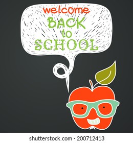 Back to school doodle background with hipster red apple in glasses and chalk speech bubble for the text with hand drawn lettering. Chalkboard background.