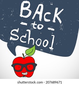 Back to school doodle background with hipster red apple in glasses and speech bubble for the text with hand drawn lettering.