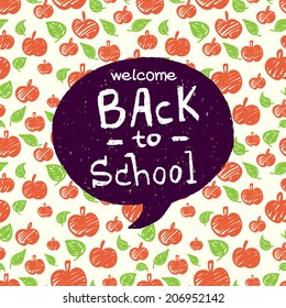 Back to school doodle background with seamless pattern made of red apples and black speech bubble for the text with hand drawn lettering.