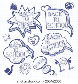Back to school. Doodle background with set of hand drawn speech bubble.