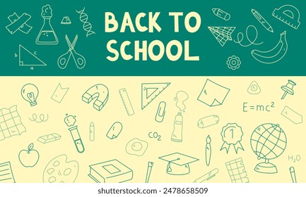 back to school doodle. School background template. School supplies. Vector illustration