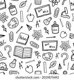 Back to school doodle black line vector seamless pattern. Studying elements. Start of the school year. For wallpaper, fabric, posters, paper, craft , background.