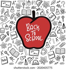 Back to school doodle black vector elements with red apple clipart. Studying elements. Start of the school year. For post card, posters, decoration, banners.
