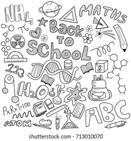 De vuelta al doodle escolar, con signos de educación en blanco y negro, símbolos e íconos.