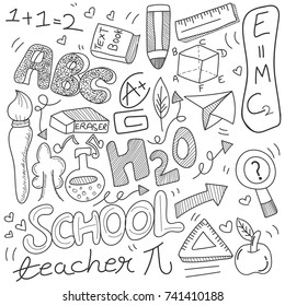Back to School doodle, with black and white education sign, symbols and icons.