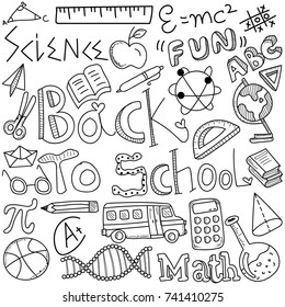 De vuelta al doodle escolar, con signos de educación en blanco y negro, símbolos e íconos.