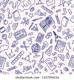 Back to School Doodle. Blue Ball Pen Drawing on Red Line Paper. School Accessories and Equipment 