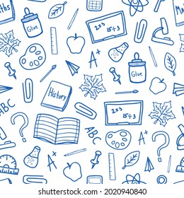 Back to school doodle blue line drawn vector seamless pattern. Studying elements. Start of the school year. For wallpaper, fabric, posters, paper, craft , background.